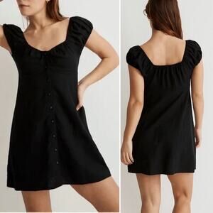 Madewell Margie Linen Blend Mini Dress Size 6 Black Cottagecore‎ Sweetheart Neck